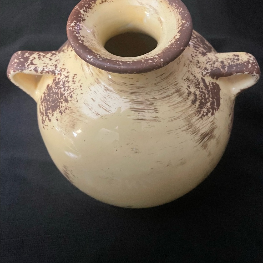 Vintage Rustic Cream and Brown Double Handle Italian Pottery Ceramic Vase